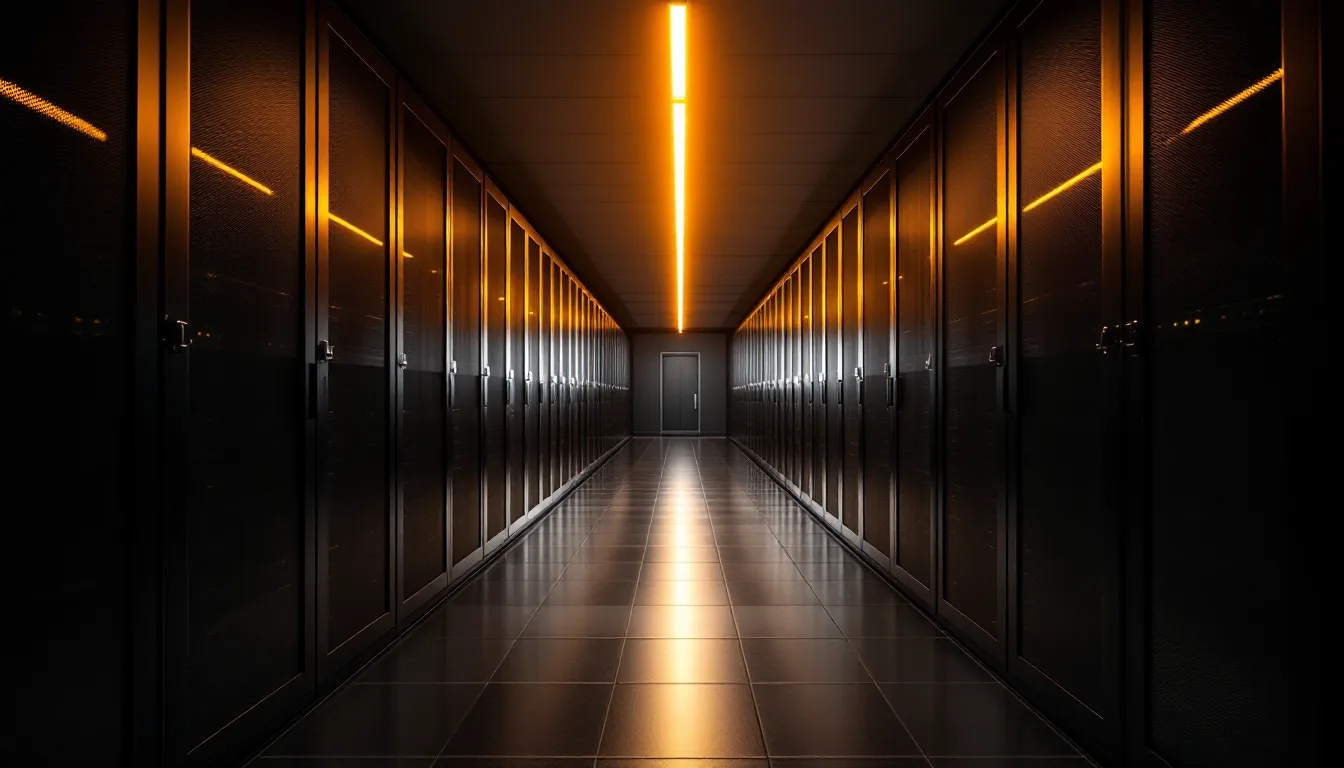 Orderly server-room corridor with warm light